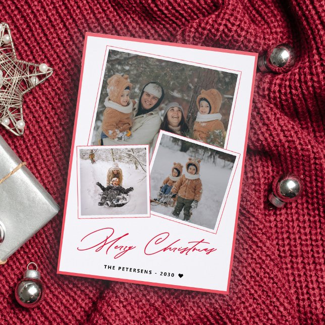 3 family photo minimalist elegant Merry Christmas  Letterpress Photo Cards (Creator Uploaded)