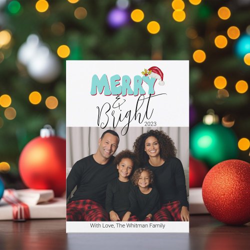3 Family Photo Retro Merry and Bright Christmas Holiday Card
