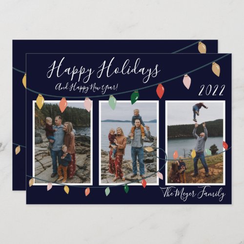 3 Family Photos Dark Blue Happy Holidays Lights Holiday Card