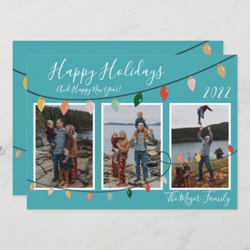 3 Family Photos Turquoise Happy Holidays Lights Holiday Card