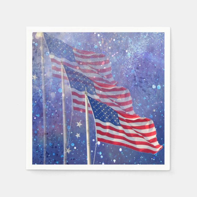 3 Flags Napkins, Patriotic with Starry Sky & Mist Paper Napkins (Front)