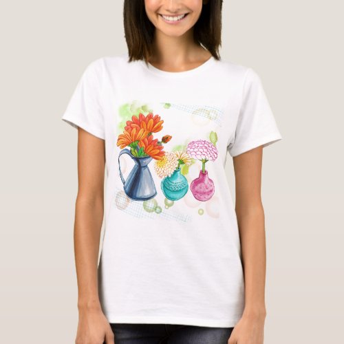 3 Flower Pots Water Colour Drawing T_Shirt