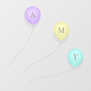 3 Flying Balloons Purple Yellow Aqua Custom Letter Wall Decal
