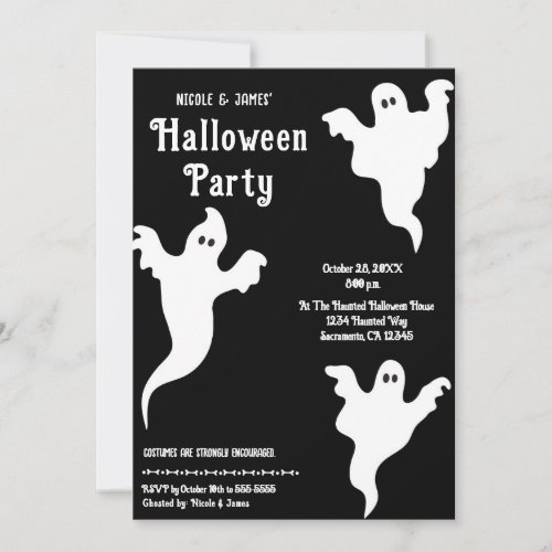 3 Ghosts Black  White Whimsical Halloween Party Invitation