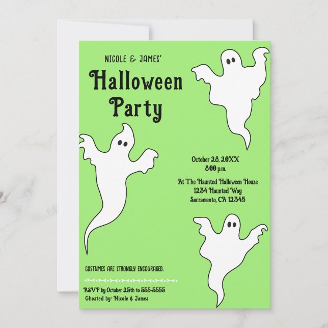3 Ghosts Green Black Whimsical Halloween Party Invitation (Front)