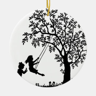 3 Girls, Swinging on Tree Swing & Picking Flowers Ceramic Ornament