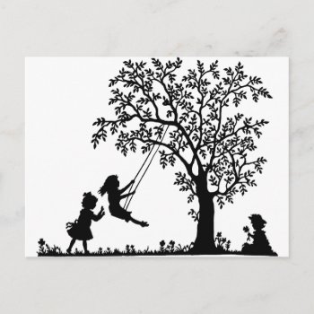 3 Girls  Swinging On Tree Swing & Picking Flowers Postcard by Barzee at Zazzle