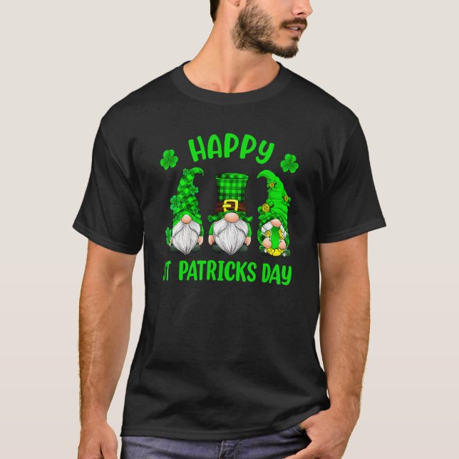 3 Gnomes Holding Shamrock Leopard Plaid St Patrick T-Shirt (Front)