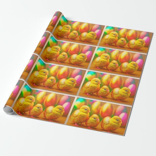 3 Gold Little Easter Chicks Collection Wrapping Paper (Unrolled)