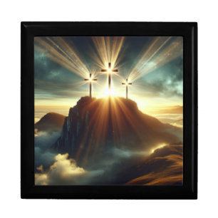3 Golden Crosses on a Heavenly Mountain Gift Box