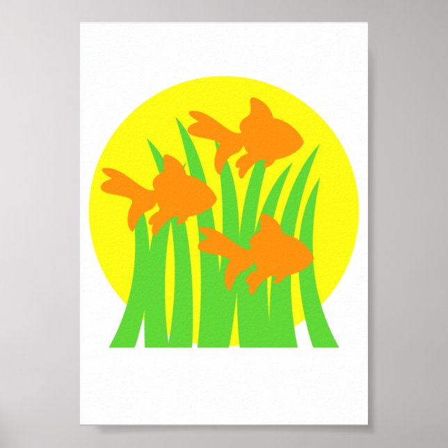 3 Goldfish Swimming Among Seaweeds Poster (Front)