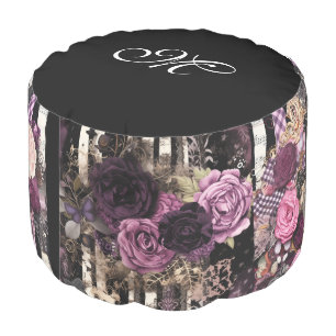 *~* 3 Gothic MONOGRAM Flowers Stripes Black Pouf