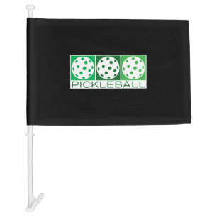 3 Green Pickleballs on white Car Flag