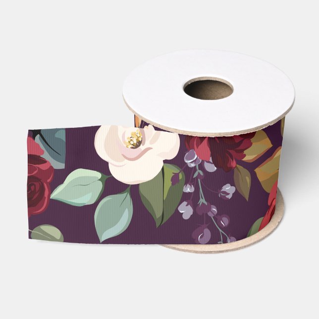 3" Grosgrain Ribbon Plum Purple Roses Gold Geometr (Spool)