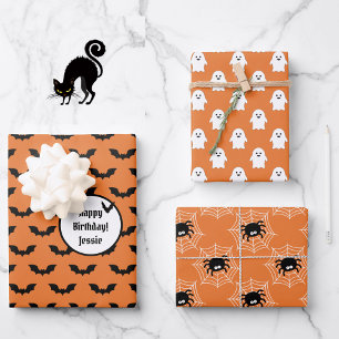 3 Halloween Coordinates NAME Bats Ghosts & Spiders Wrapping Paper Sheets