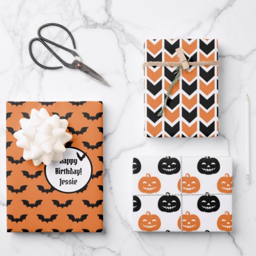 3 Halloween Coordinates NAME Bats Smiling Pumpkins Wrapping Paper Sheets