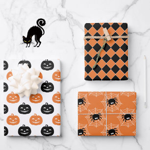 3 Halloween Coordinates Orange Pumpkins & Spiders Wrapping Paper Sheets