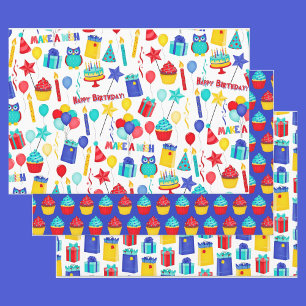 3 Happy Birthday Red Yellow & Blue Kids Wrapping Paper Sheets