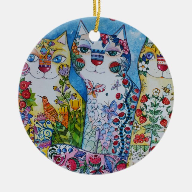 3 happy cats ceramic ornament (Front)