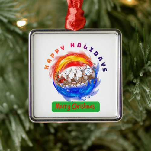 3Happy Holidays Noel reindeer sleigh santa claus Metal Ornament