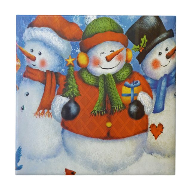 3 Happy Snowmen Ceramic Tile (Front)