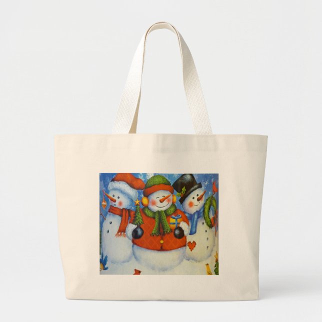 3 Happy Snowmen Large Tote Bag (Front)