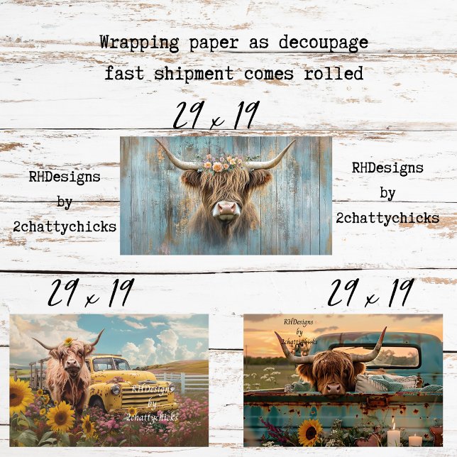 3 Highland Cow Charm Wrapping Paper for Decoupage  (Creator Uploaded)