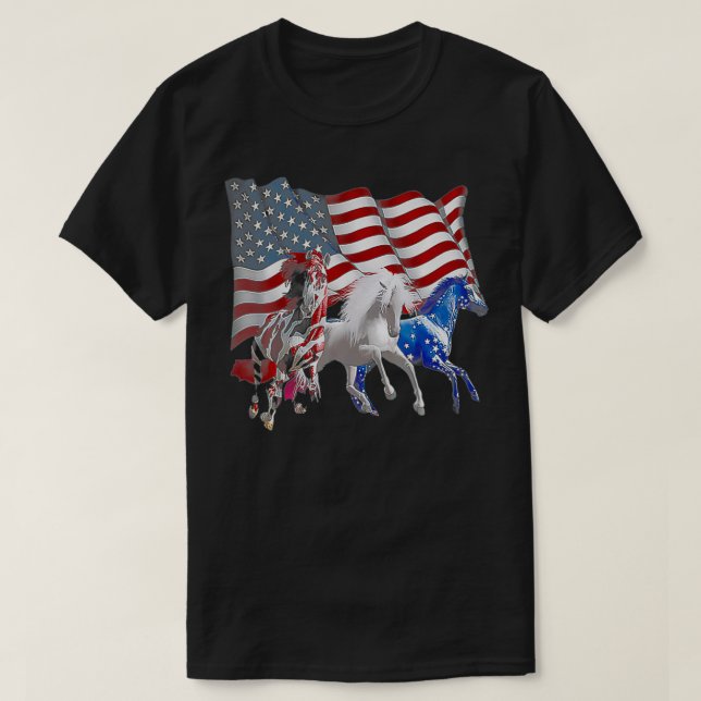 3 Horse Funny American Flag  T-Shirt (Design Front)