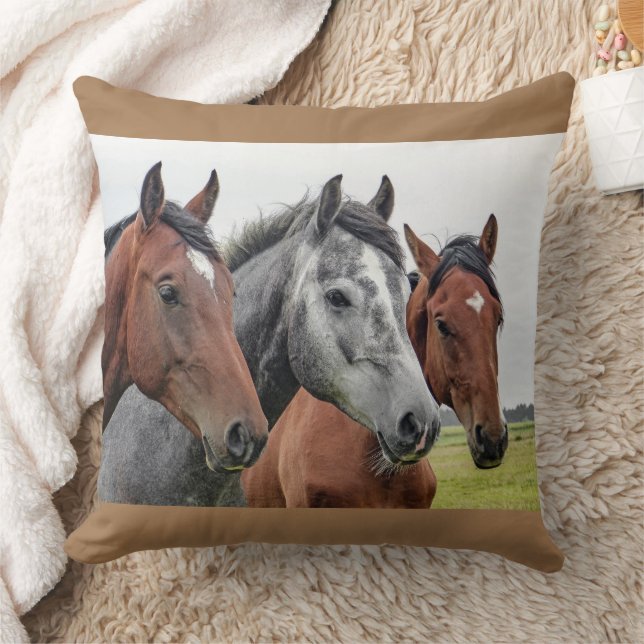 3 Horse's Heads Equestrians Made USA Throw Pillow (Blanket)