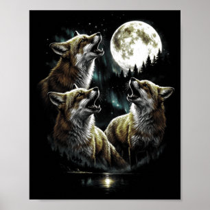 3 Howling Fox Moon Aurora Vintage Retro Style Poster