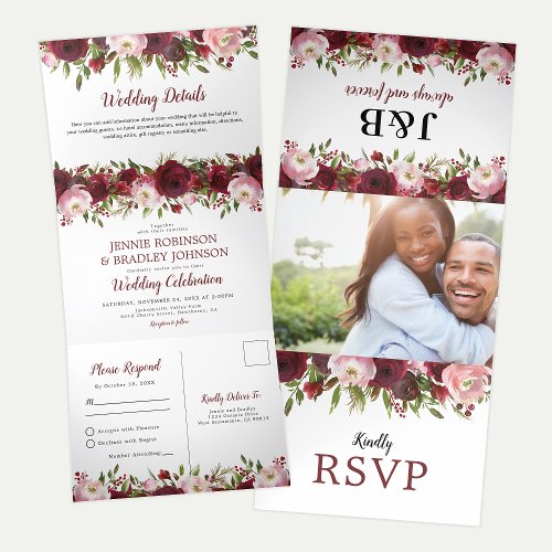 3 in 1 Blush Burgundy Floral Wedding Tri_Fold Invitation