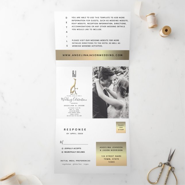 3 in 1 Gold Photo Wedding Tri-Fold Invitation (Inside)