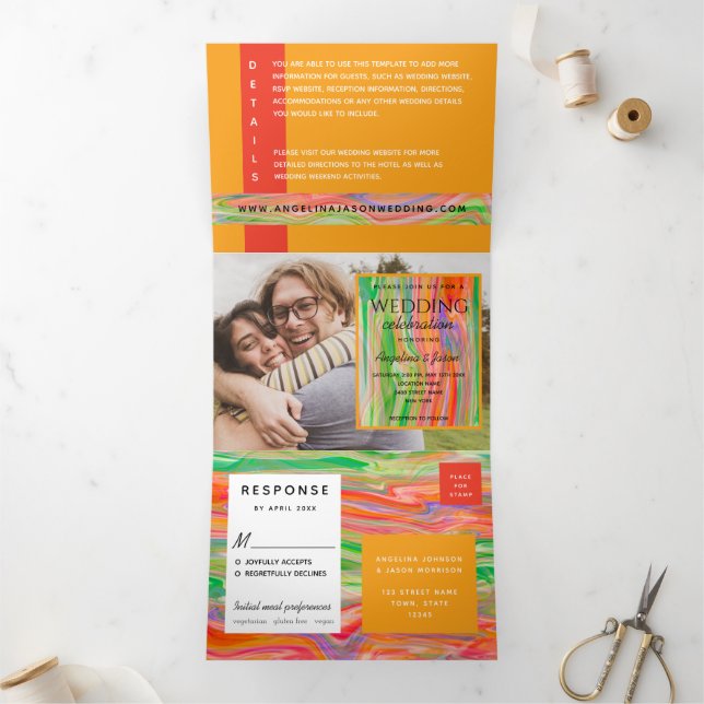 3 in 1 Orange Photo Wedding Tri-Fold Invitation (Inside)