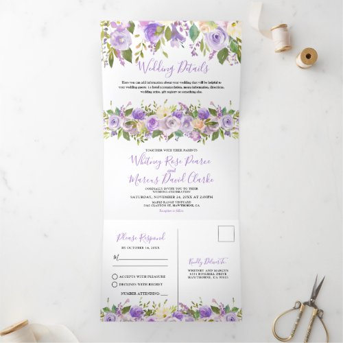 3 in 1 Rustic Purple Floral Wedding Tri-Fold Invitation - All in one rustic floral wedding trifold invitation featuring a chic white background that can be changed to any color, elegant purple & lavender watercolor florals, wedding details, wedding invite, and an rsvp postcard for your guests to cut off and send back.