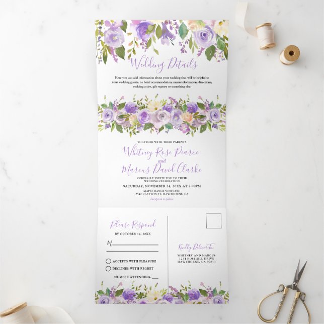 3 in 1 Rustic Purple Floral Wedding Tri-Fold Invitation (Inside)