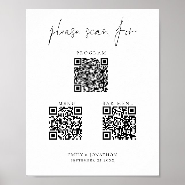 3 in One Qr Codes Bar Menu Program Script Wedding Poster (Front)