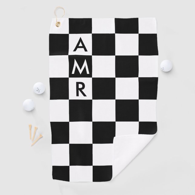 3 Initial Monogram Black White Checkered Pattern Golf Towel (InSitu)