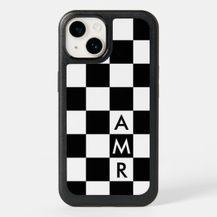 3 Initial Monogram Black White Checkered Pattern OtterBox iPhone 14 Case