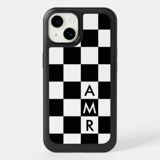 3 Initial Monogram Black White Checkered Pattern OtterBox iPhone 14 Case