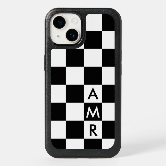 3 Initial Monogram Black White Checkered Pattern Otterbox iPhone Case (Back)