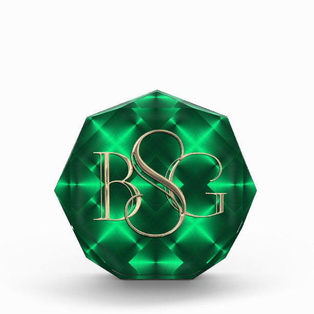 3 Initial Monogram Emerald Green Background Acrylic Award (Front)