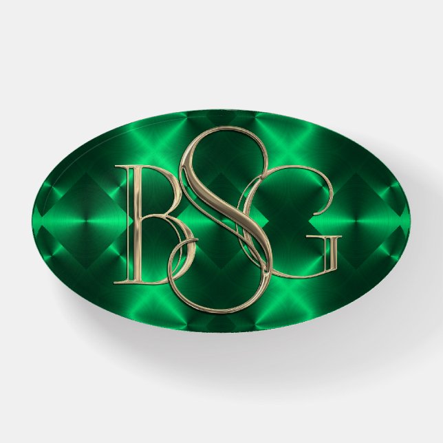 3 Initial Monogram Emerald Green Background Paperweight (Front)