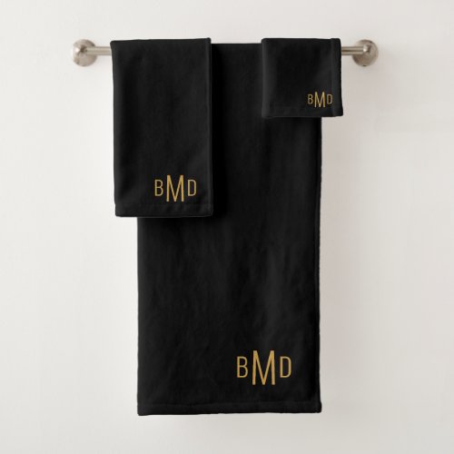 3 Initial Monogram Gold Script Name Black Bath Towel Set