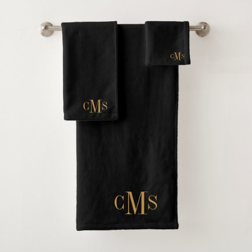 3 Initial Monogram Gold Script Name Black Bath Towel Set