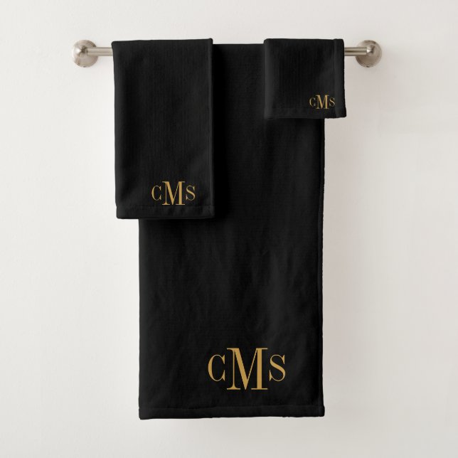 3 Initial Monogram Gold Script Name Black Bath Towel Set (Insitu)