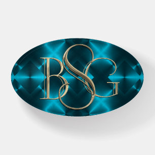 3 Initial Monogram Teal Blue Background Paperweight