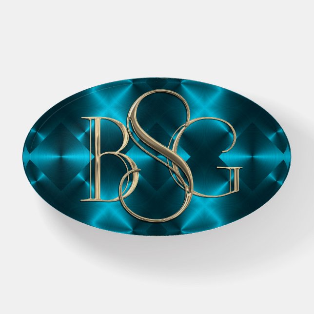 3 Initial Monogram Teal Blue Background Paperweight (Front)