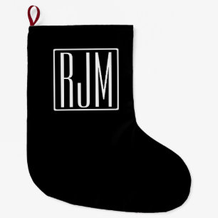 3 Initials Monogram   Black & White Large Christmas Stocking