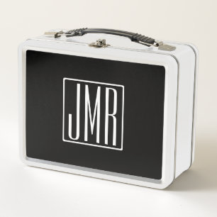 3 Initials Monogram Black & White (or diy color) Metal Lunch Box