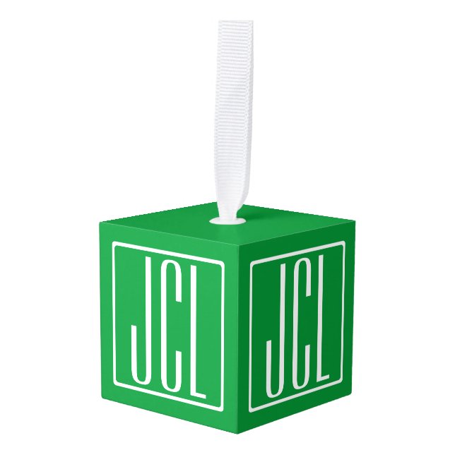 3 Initials Monogram | Green & White Cube Ornament (Front Angled)